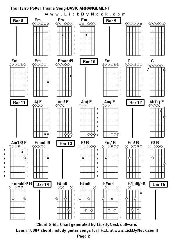 Chord Grids Chart of chord melody fingerstyle guitar song-The Harry Potter Theme Song-BASIC ARRANGEMENT,generated by LickByNeck software.